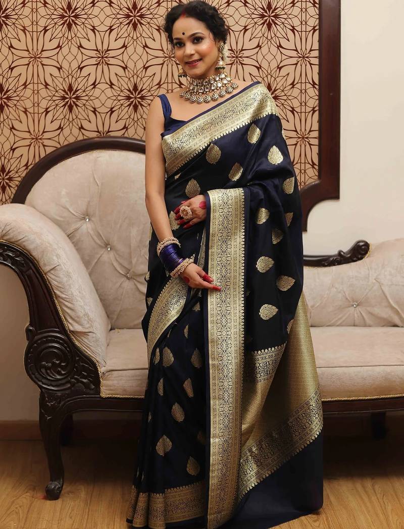 Blue soft silk blend banarasi jacuard work designer party wear saree with unstitched blouse piece