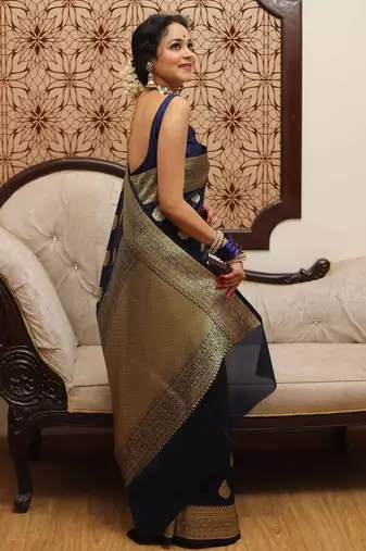 Blue silk blend banarasi saree with unstitched blouse piece