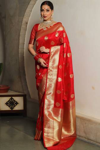 Red soft silk blend banarasi jacuard work designer party wear saree with unstitched blouse piece