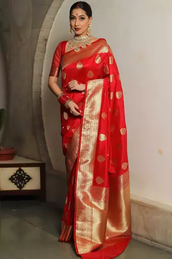 Red soft silk blend banarasi jacuard work designer party wear saree with unstitched blouse piece