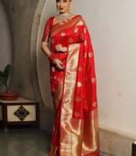 Red soft silk blend banarasi jacuard work designer party wear saree with unstitched blouse piece