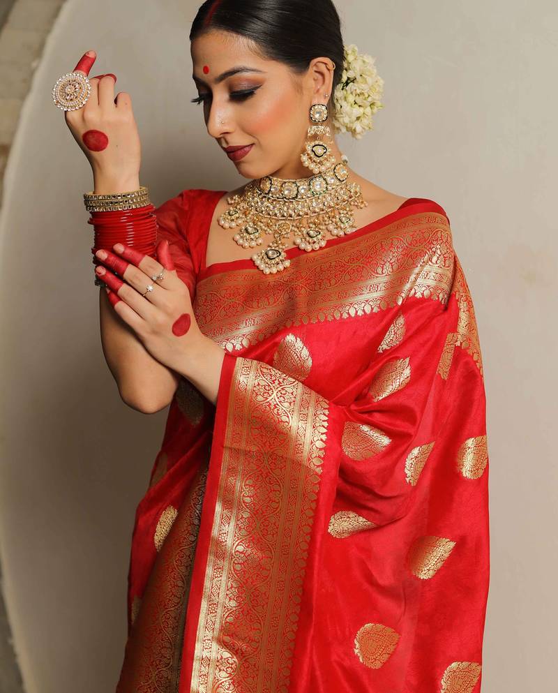 Red soft silk blend banarasi jacuard work designer party wear saree with unstitched blouse piece