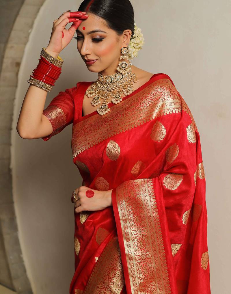 Red soft silk blend banarasi jacuard work designer party wear saree with unstitched blouse piece