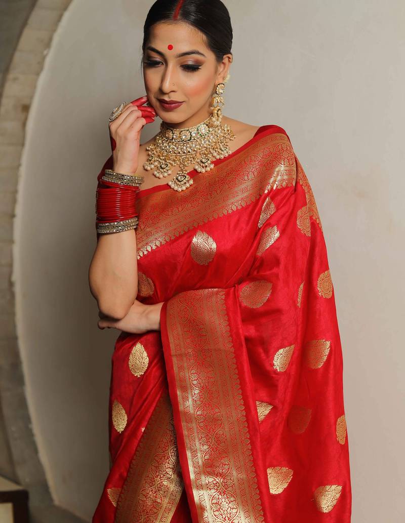 Red soft silk blend banarasi jacuard work designer party wear saree with unstitched blouse piece