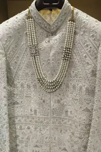 Ivory zardosi & peacock motif hand-embroidered raw silk sherwani mandarin collar