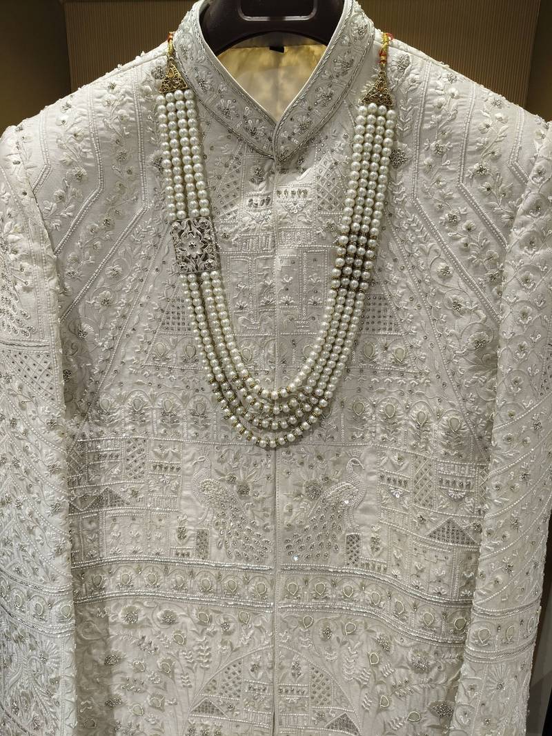 Ivory zardosi & peacock motif hand-embroidered raw silk sherwani mandarin collar