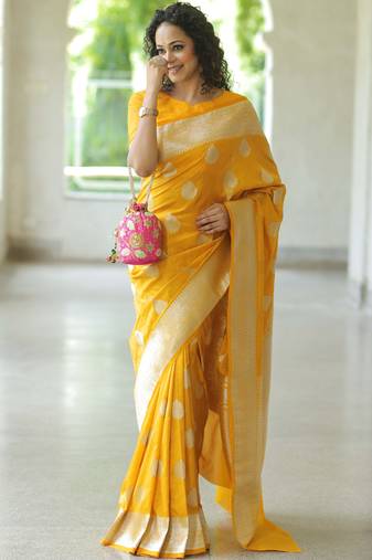 Yellow soft silk blend banarasi jacuard work designer party wear saree with unstitched blouse piece