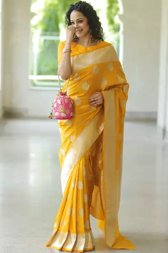 Yellow soft silk blend banarasi jacuard work designer party wear saree with unstitched blouse piece