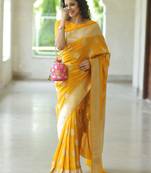 Yellow soft silk blend banarasi jacuard work designer party wear saree with unstitched blouse piece