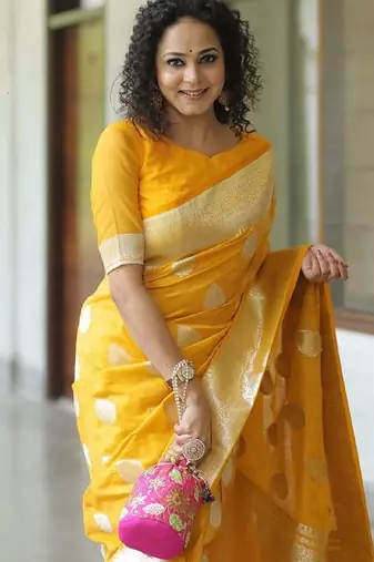 Yellow silk blend banarasi saree with unstitched blouse piece