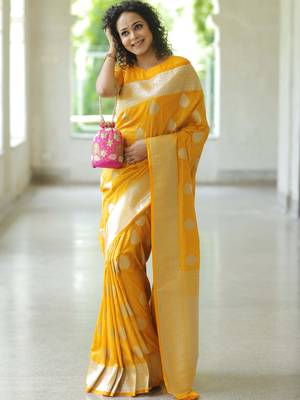 Yellow silk blend banarasi saree with unstitched blouse piece 5