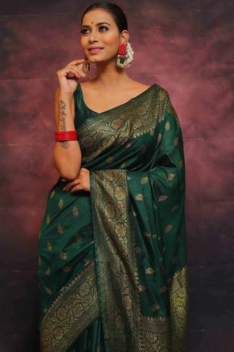 Green soft silk blend banarasi jacuard work designer party wear saree with unstitched blouse piece