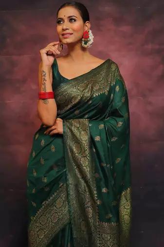 Green soft silk blend banarasi jacuard work designer party wear saree with unstitched blouse piece