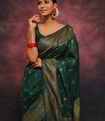 Green soft silk blend banarasi jacuard work designer party wear saree with unstitched blouse piece