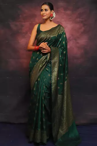 Green silk blend banarasi saree with unstitched blouse piece