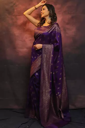 Purple soft silk blend banarasi jacuard work designer party wear saree with unstitched blouse piece