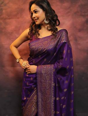 Purple silk blend banarasi saree with unstitched blouse piece 2