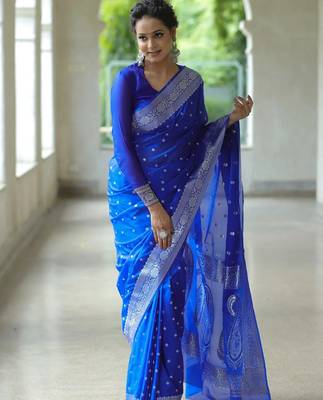 Royal blue silk blend banarasi saree with unstitched blouse piece 1
