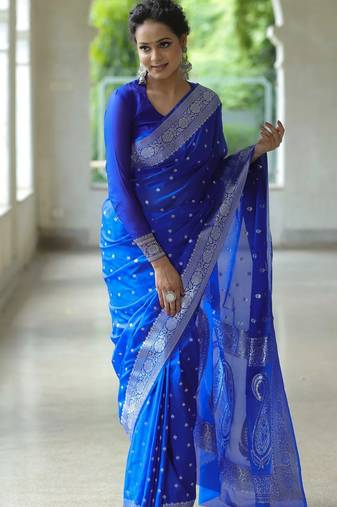 Royal blue soft silk blend banarasi jacuard work designer party wear saree with unstitched blouse piece