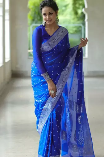 Royal blue soft silk blend banarasi jacuard work designer party wear saree with unstitched blouse piece