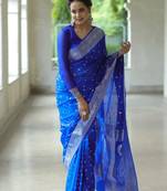 Royal blue soft silk blend banarasi jacuard work designer party wear saree with unstitched blouse piece