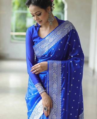Royal blue silk blend banarasi saree with unstitched blouse piece 2