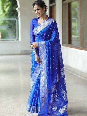 Royal blue silk blend banarasi saree with unstitched blouse piece 3