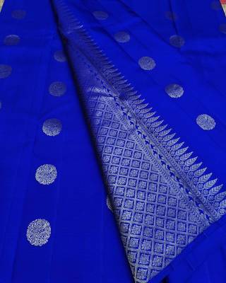 Royal blue silk blend banarasi saree with unstitched blouse piece 4
