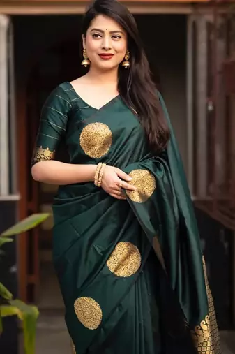 Green soft silk blend banarasi jacuard work designer party wear saree with unstitched blouse piece