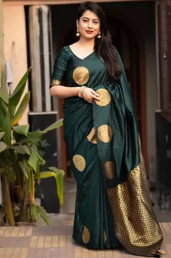 Green silk blend banarasi saree with unstitched blouse piece