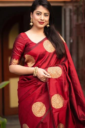 Maroon soft silk blend banarasi jacuard work designer party wear saree with unstitched blouse piece