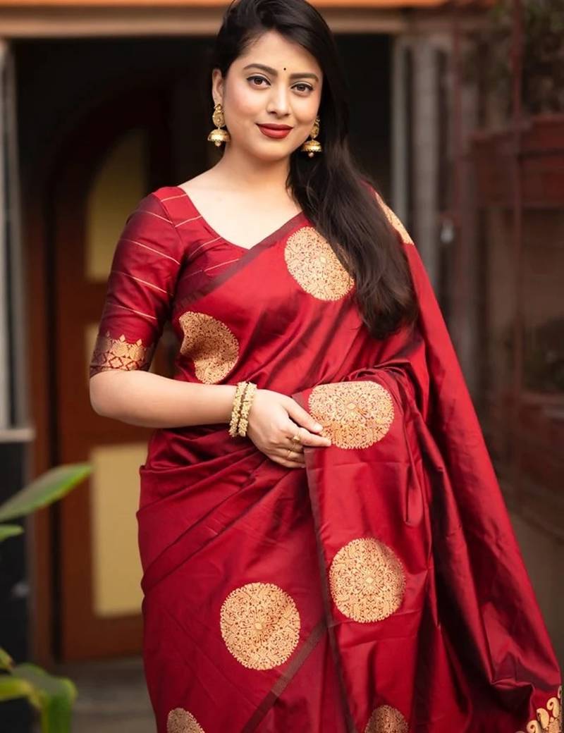 Maroon soft silk blend banarasi jacuard work designer party wear saree with unstitched blouse piece