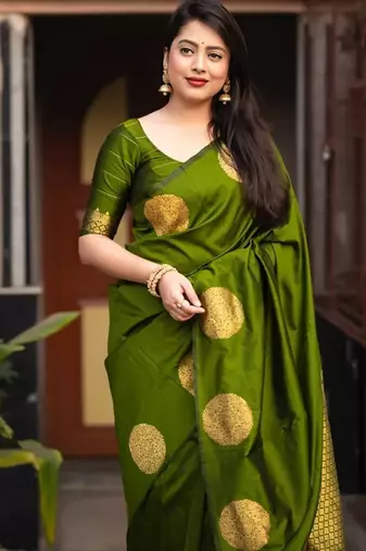 Mehendi soft silk blend banarasi jacuard work designer party wear saree with unstitched blouse piece