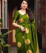Mehendi soft silk blend banarasi jacuard work designer party wear saree with unstitched blouse piece