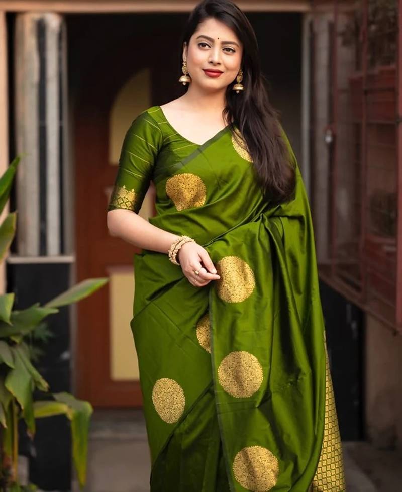 Mehendi soft silk blend banarasi jacuard work designer party wear saree with unstitched blouse piece