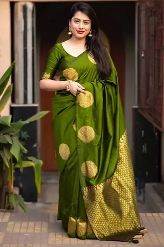 Mehendi silk blend banarasi saree with unstitched blouse piece