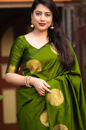Mehendi silk blend banarasi saree with unstitched blouse piece