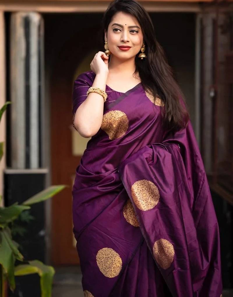 Wine soft silk blend banarasi jacuard work designer party wear saree with unstitched blouse piece