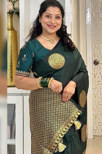 Green soft silk blend banarasi jacuard work designer party wear saree with unstitched blouse piece