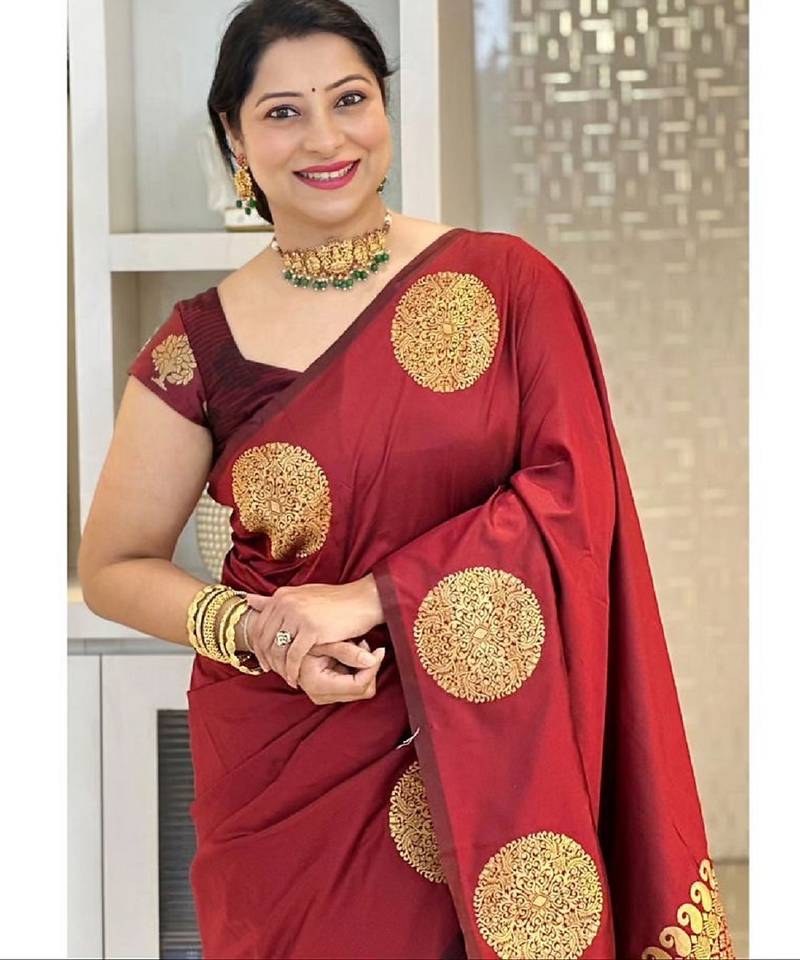 Maroon soft silk blend banarasi jacuard work designer party wear saree with unstitched blouse piece