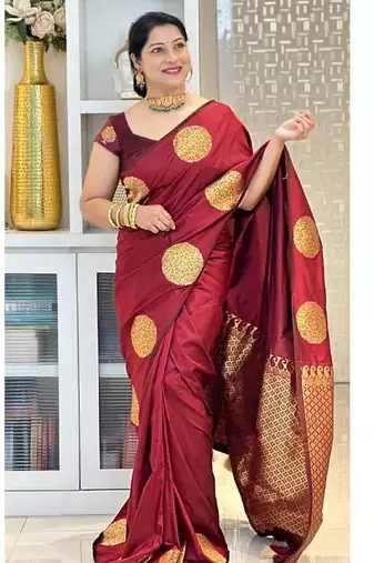 Maroon silk blend banarasi saree with unstitched blouse piece