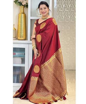 Maroon silk blend banarasi saree with unstitched blouse piece 3