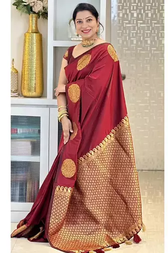 Maroon silk blend banarasi saree with unstitched blouse piece