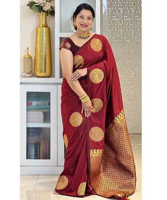 Maroon silk blend banarasi saree with unstitched blouse piece 5