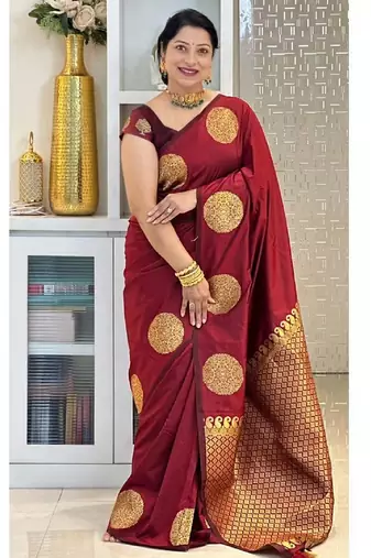 Maroon silk blend banarasi saree with unstitched blouse piece