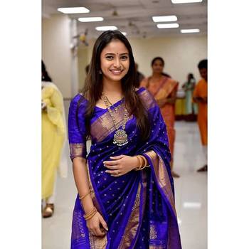 Royal blue silk blend banarasi saree with unstitched blouse piece 1