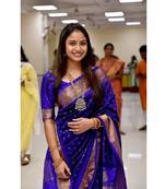 Royal blue soft silk blend banarasi jacuard work designer party wear saree with unstitched blouse piece