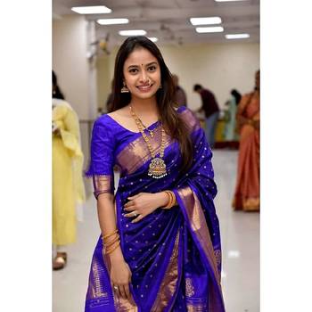 Royal blue silk blend banarasi saree with unstitched blouse piece 2