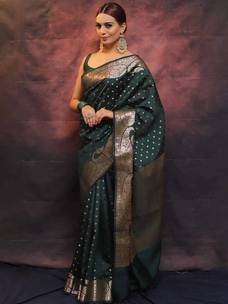 Green soft silk blend banarasi jacuard work designer party wear saree with unstitched blouse piece
