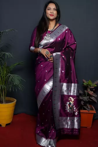 Wine soft silk blend banarasi jacuard work designer party wear saree with unstitched blouse piece